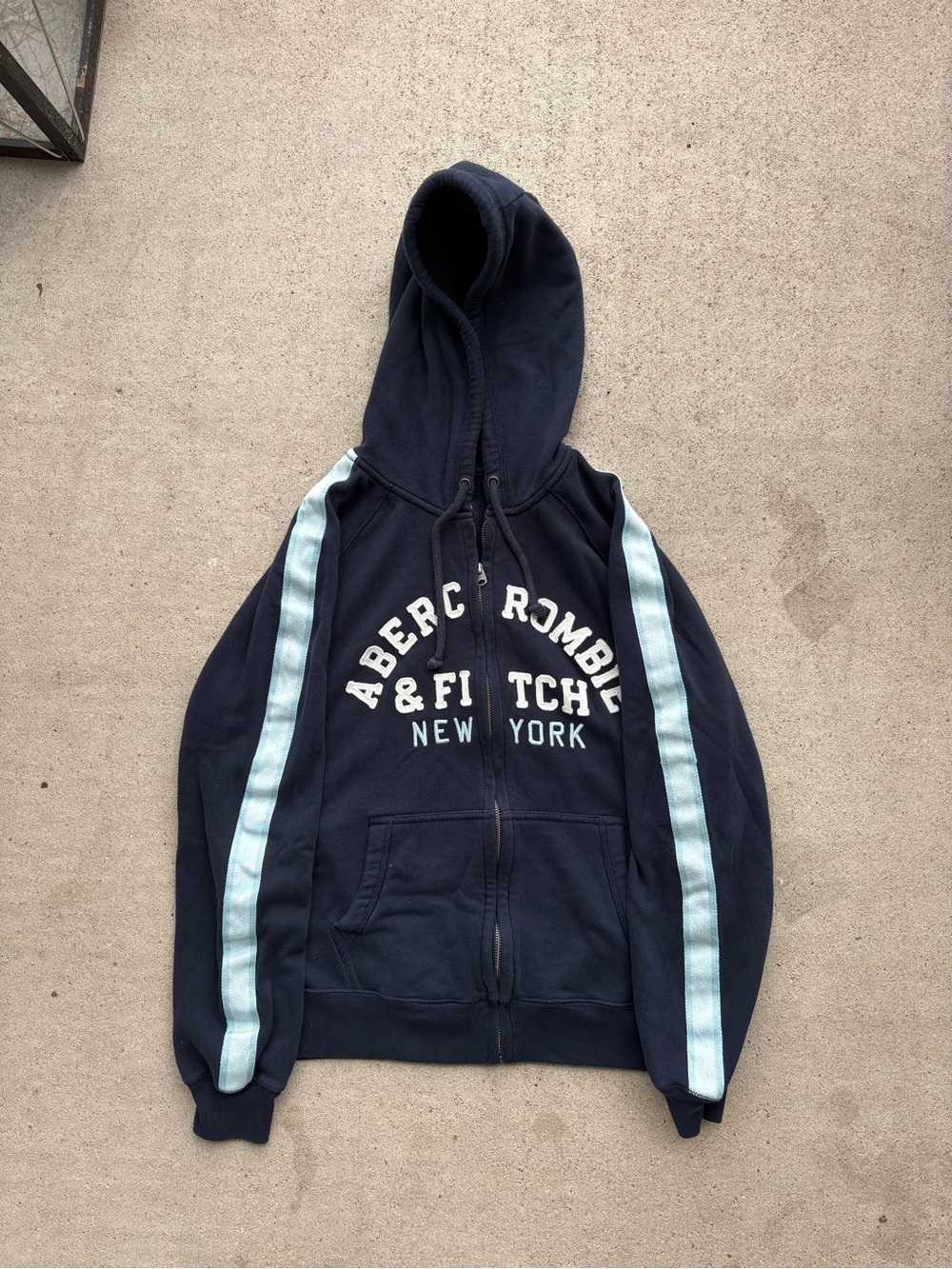Vintage Y2K Abercrombie & Fitch Sleeve Stripe Zip Up Hoodie Navy 22.5x25.5